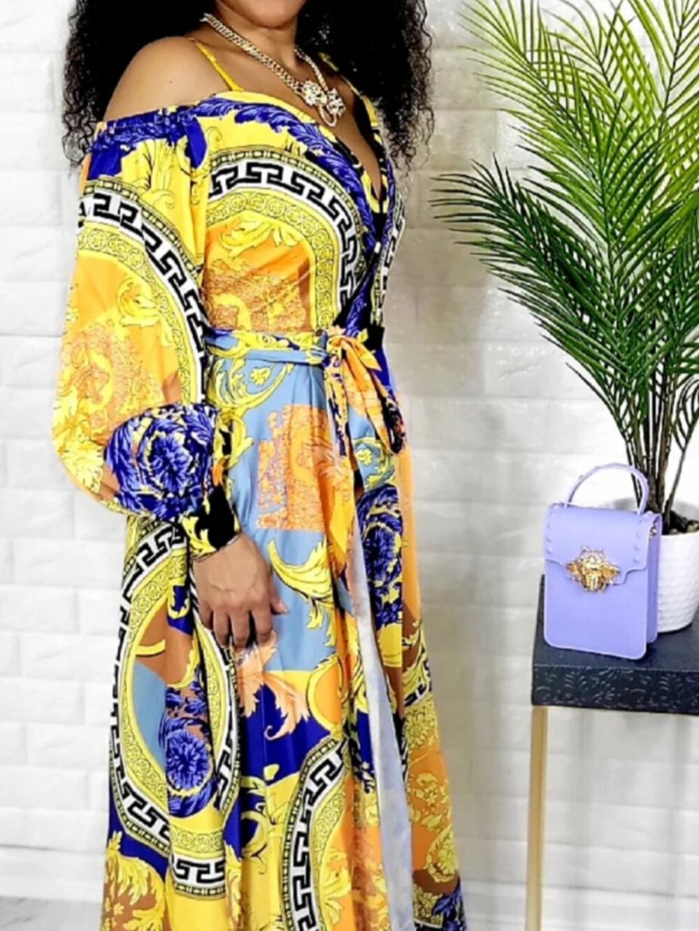 3XL L'atiste "Roman Valentina" maxi dress vibrant yellow, royal blue, and black - Picture 2 of 3